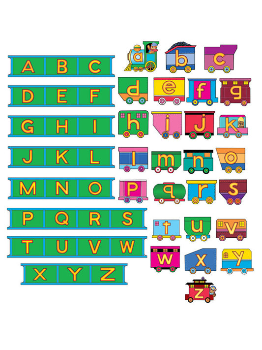 Las letras del alfabeto, con vías en mayúsculas y vagones en minúsculas, aparecen en coloridos trenes y vías, ordenadas alfabéticamente para que los niños se diviertan emparejando las letras.