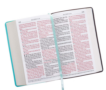 Una Biblia de letra grande abierta, con texto en negro y rojo, un marcapáginas de cinta de color verde azulado y un borde turquesa en la cubierta izquierda.