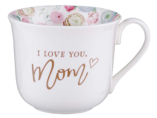 Taza de cerámica blanca, de 14 fl oz, con un estampado floral en el interior y la frase «I LOVE YOU, Mom» con un corazón en lámina metálica dorada en la parte delantera. Se presenta en una caja de regalo que le da un toque especial.