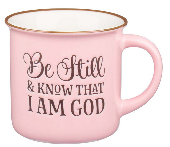Una taza de cerámica rosa con el borde y el asa marrones, en la que se lee «Be Still & Know That I AM GOD» en letras marrones. Apto para el lavavajillas y perfecto como regalo especial, viene empaquetado en una preciosa caja de regalo.