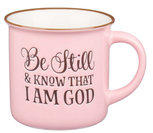 Una taza de cerámica rosa con el borde y el asa marrones, en la que se lee «Be Still & Know That I AM GOD» en letras marrones. Apto para el lavavajillas y perfecto como regalo especial, viene empaquetado en una preciosa caja de regalo.