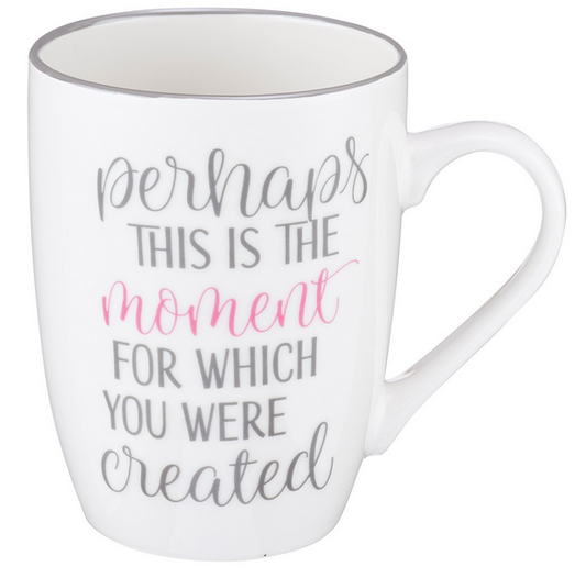 Taza de cerámica blanca con la frase «Quizás este sea el momento para el que fuiste creado» impresa en letras grises y rosas. Apta para el microondas, es perfecta para el uso diario o como un detalle especial para incluir en una caja de regalo.