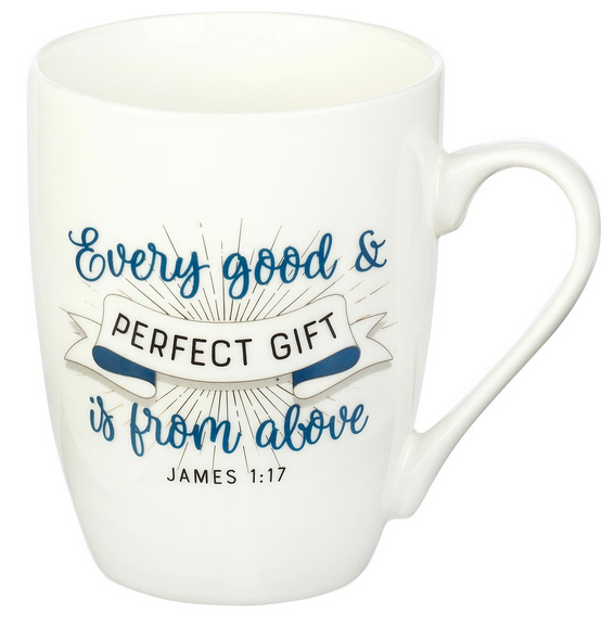 Taza de cerámica blanca con asa, con la frase «Todo don bueno y perfecto viene de lo alto, Santiago 1:17» escrita en letra cursiva azul y negra. Esta taza de cerámica se presenta en una preciosa caja de regalo, lo que la hace perfecta para ocasiones especiales.