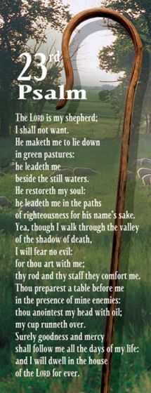 Una imagen del texto del Salmo 23 superpuesta sobre un fondo de hierba verde con un cayado de pastor, disponible en un práctico paquete de 25 unidades.