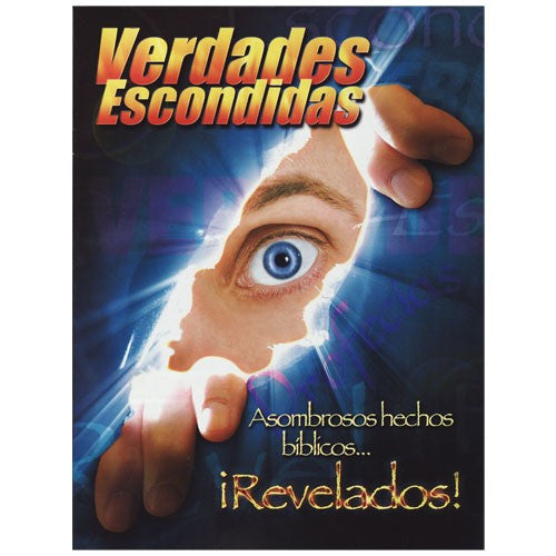 Una mano rasga el papel, dejando al descubierto un ojo azul. El texto dice: «Verdades ocultas. Asombrosos hechos y temas bíblicos sobre el cielo y el infierno... ¡Revelados!».