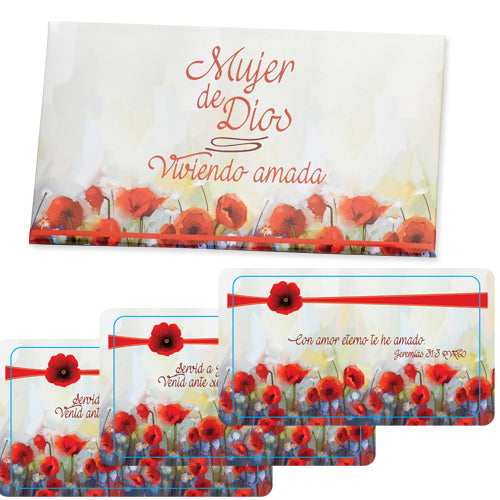 Tarjetas de felicitación con diseños de amapolas rojas y mensajes religiosos en español, como «Mujer de Dios» y versículos de la Biblia, con un tamaño perfecto para llevarlas en la cartera o en una cartera compacta y encontrar inspiración en cualquier momento.