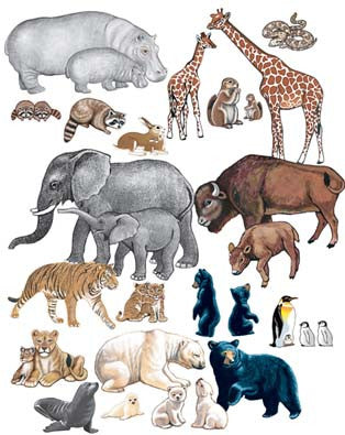 Ilustración de figuras de animales salvajes, en la que aparecen madres y crías: hipopótamos, jirafas, mapaches, conejos, elefantes, bisontes, tigres, osos, pingüinos y focas con sus crías.