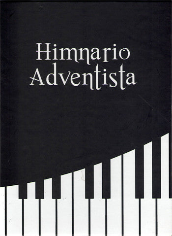 Portada negra del himnario «Himnario Adventista», con un dibujo de un teclado de piano blanco en la parte inferior, que incluye himnos actualizados y está disponible en versión con partitura.