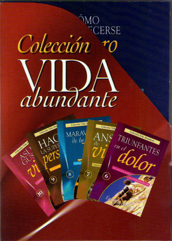 Un conjunto de cinco folletos de colores de la serie «Colección Vida Abundante», de Enrique Chaij, expuestos delante de un folleto más grande con la portada roja y azul, perfectos para quienes buscan libros de autoayuda y superación personal.
