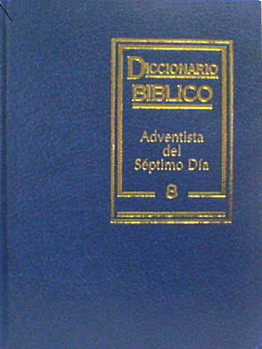 Un libro religioso de tapa dura azul con letras doradas en las que se lee «Diccionario Bíblico Adventista del Séptimo Día», con la letra B en la portada, ideal para estudiar la Biblia.