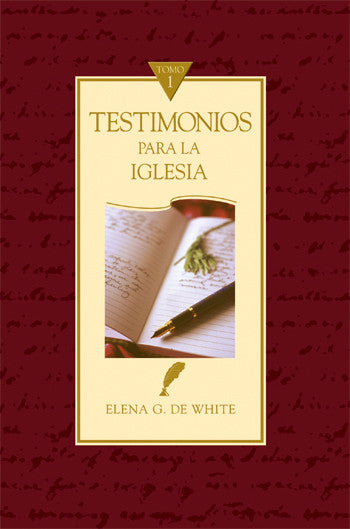 Portada del libro «Testimonios para la Iglesia, Tomo 1», de Elena G. de White, una destacada obra religiosa, en la que aparecen una pluma y un cuaderno abierto con una hoja en sus páginas blancas. Perfecto para quienes buscan un conjunto de libros espirituales.
